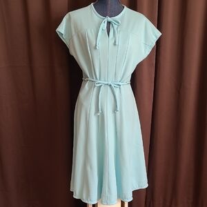 Vintage, 80s, Light Aqua Tie-Waist Midi Dress